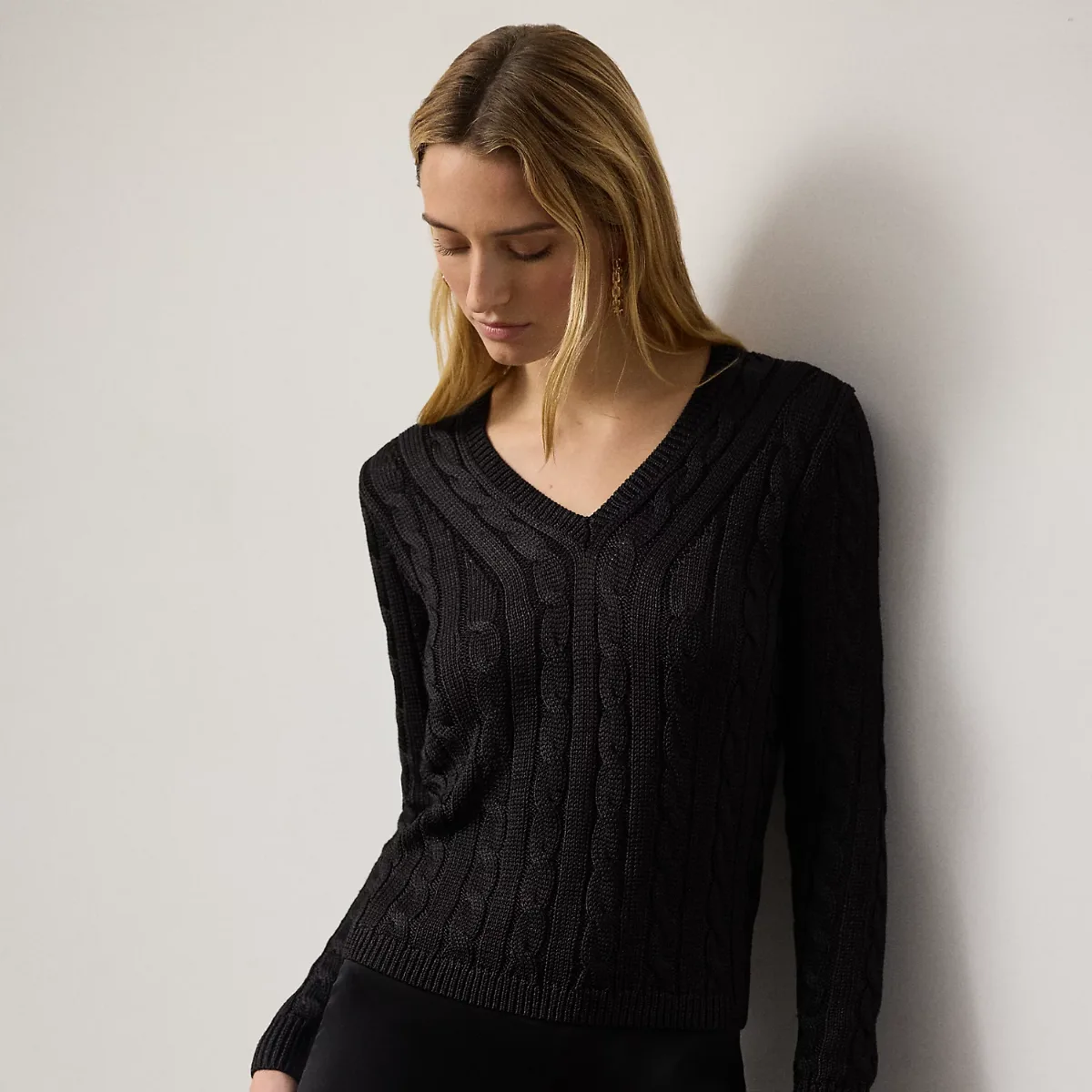 Cable-Knit Silk V-Neck Sweater by Ralph Lauren