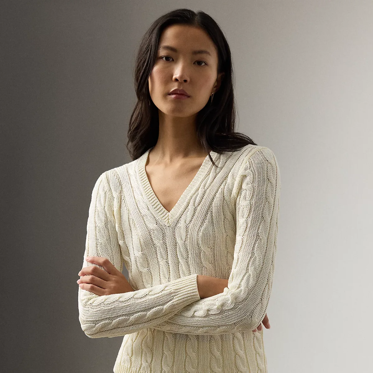 Cable-Knit Silk V-Neck Sweater