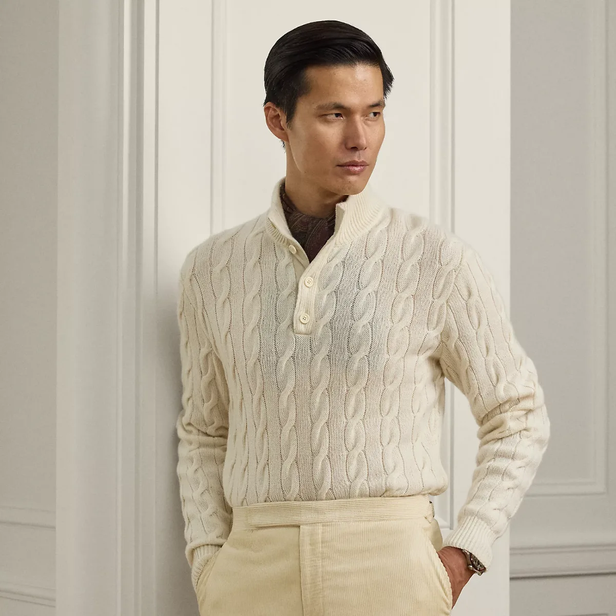 Cable-Knit Cashmere Mockneck Sweater by Ralph Lauren