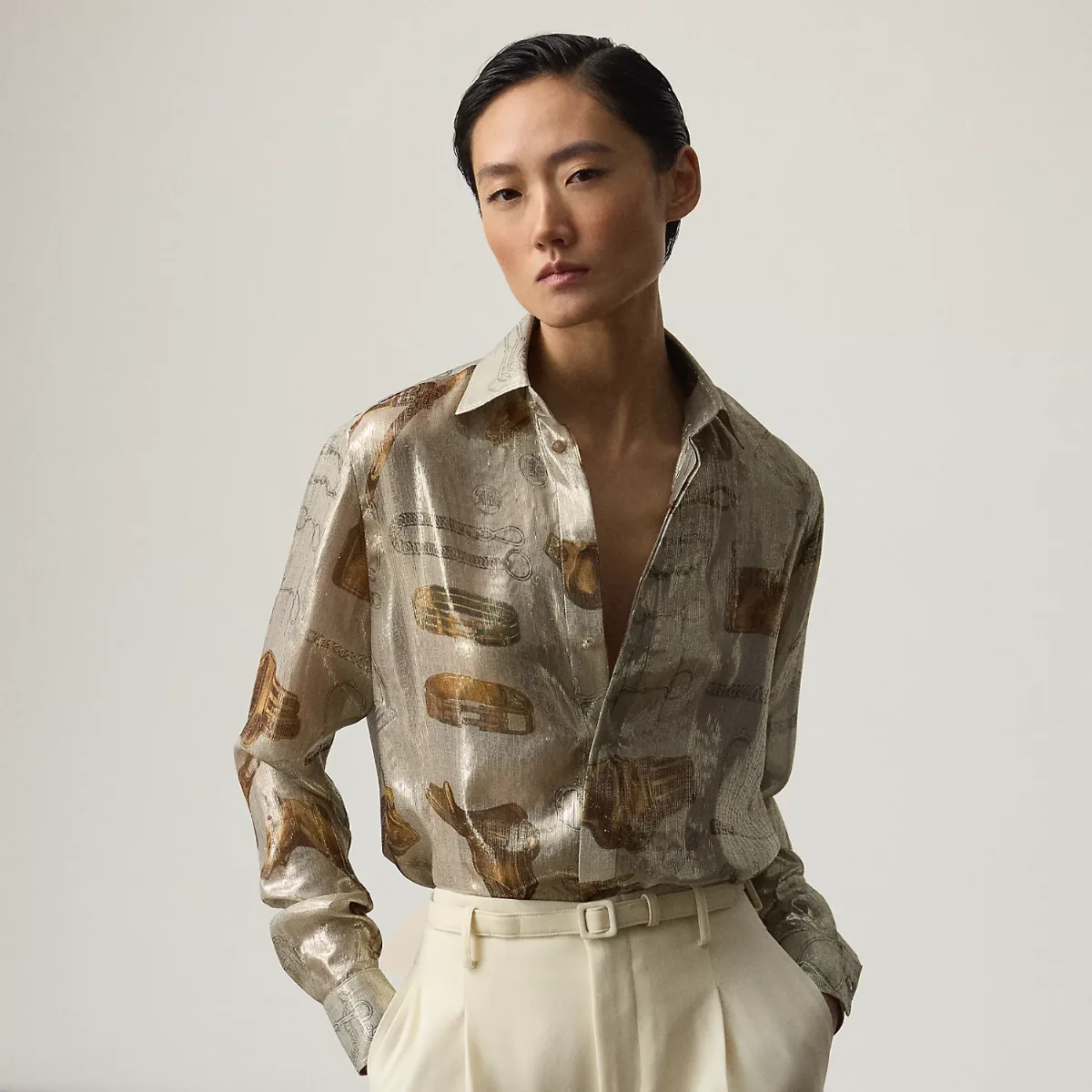 Evelina Equestrian-Print Lamé Shirt by Ralph Lauren