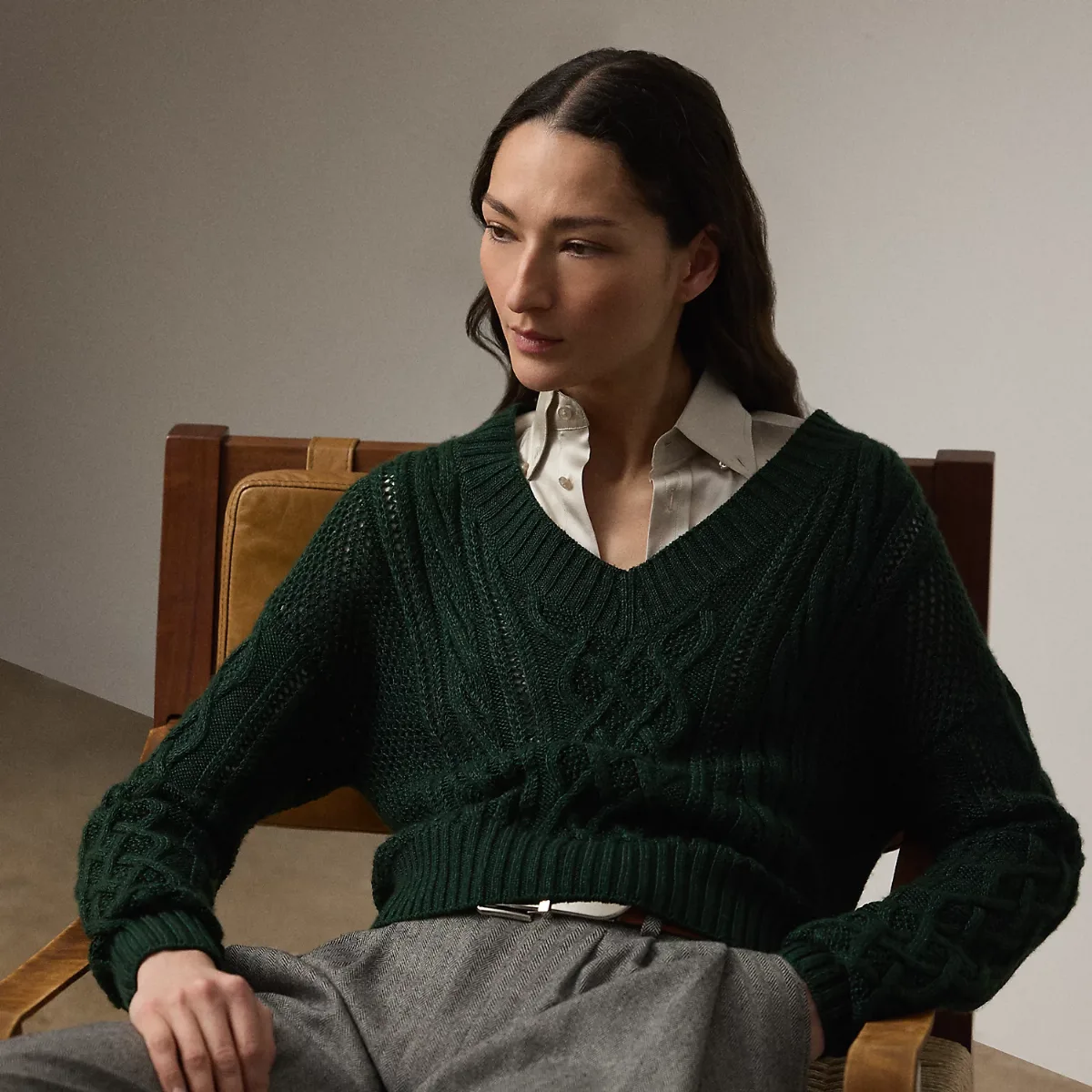 Cable-Knit Silk-Cashmere V-Neck Sweater