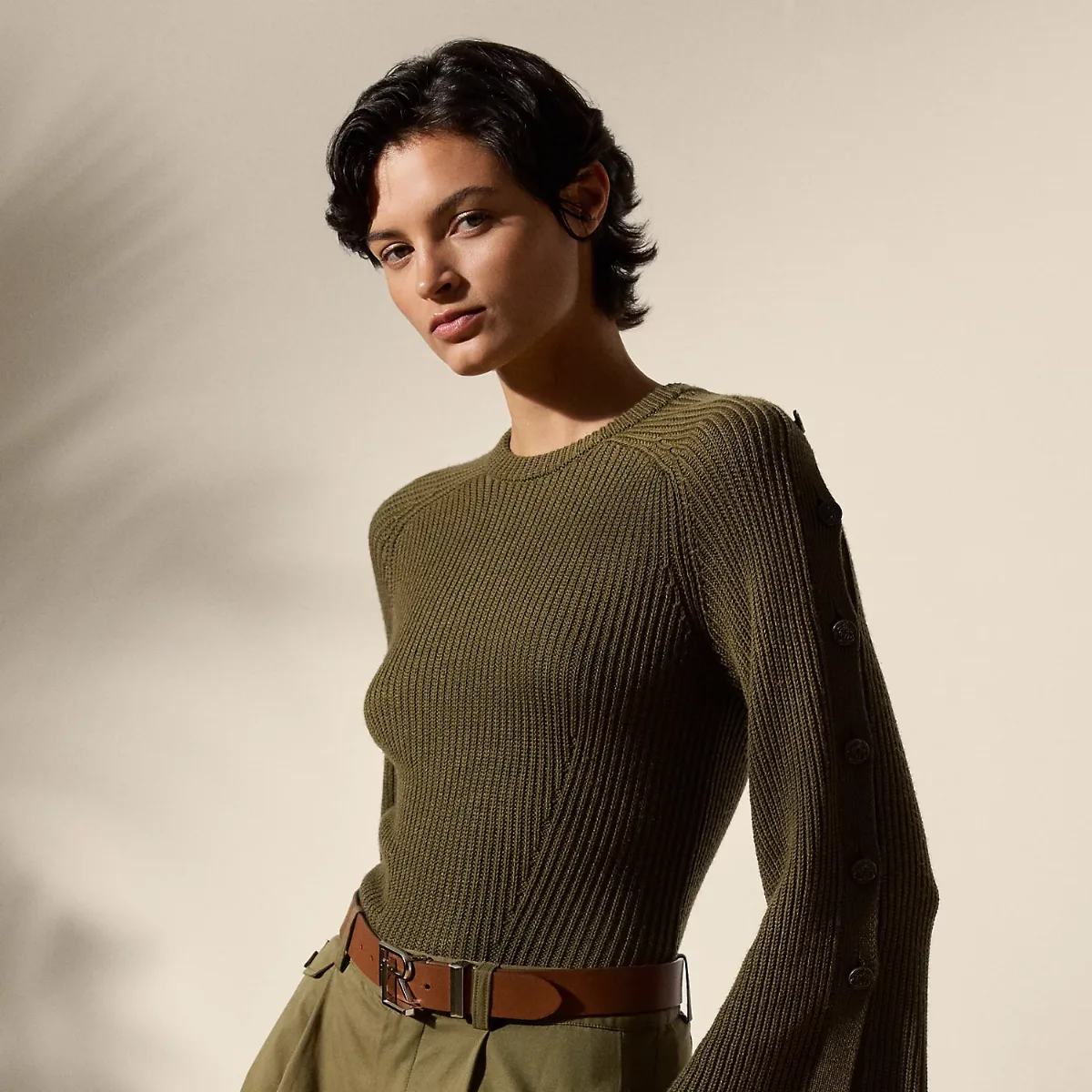 Rib-Knit Wool-Silk Button-Sleeve Sweater by Ralph Lauren