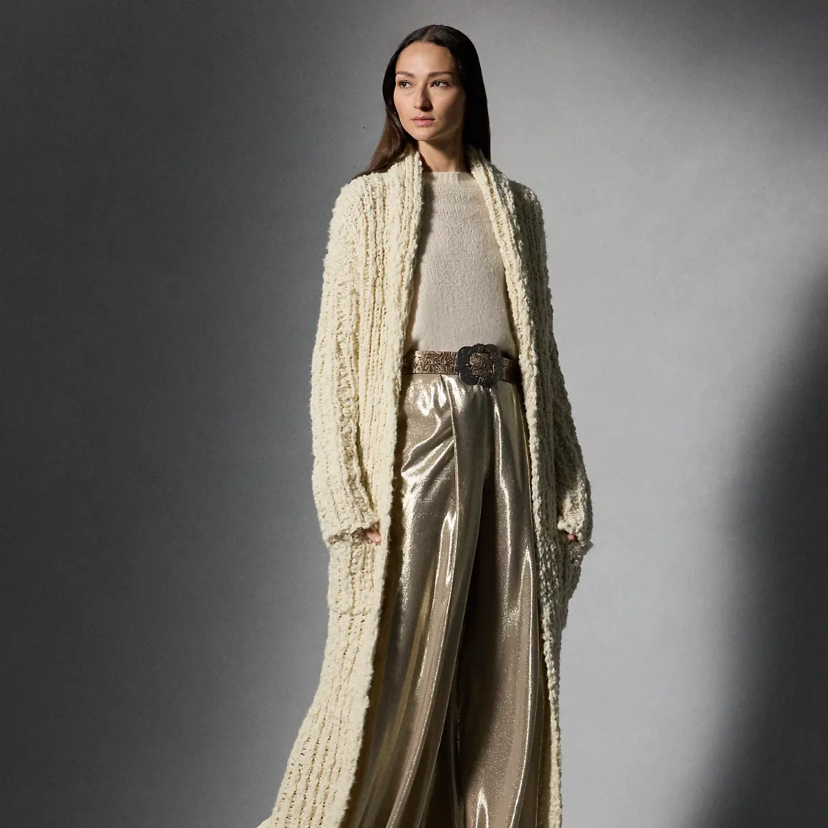 Slub Wool Long Shawl-Collar Cardigan by Ralph Lauren