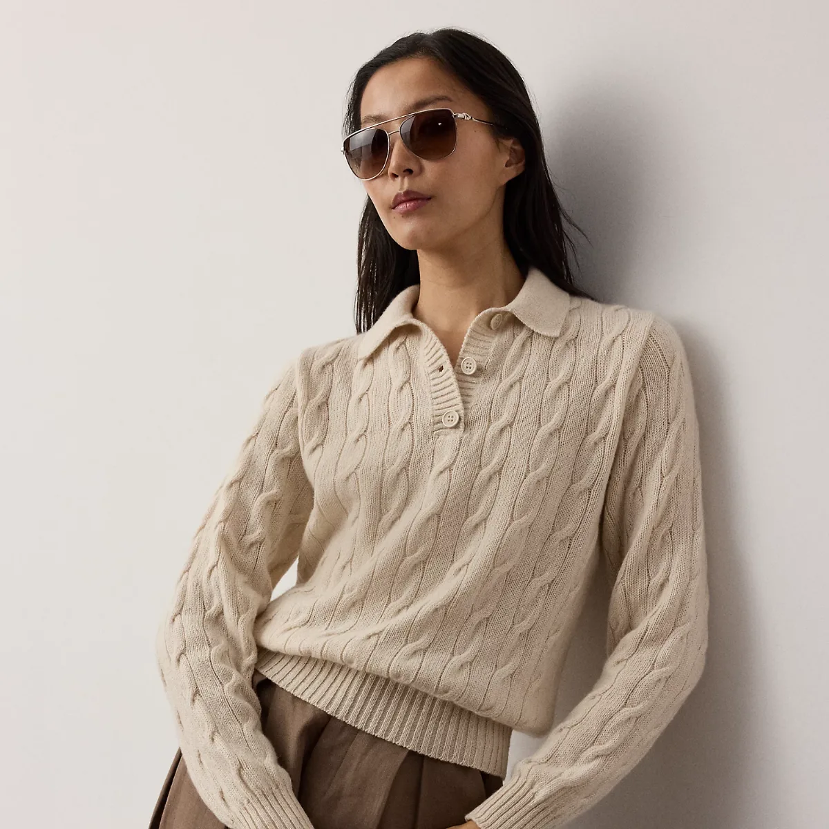 Cable-Knit Cashmere Polo Sweater by Ralph Lauren