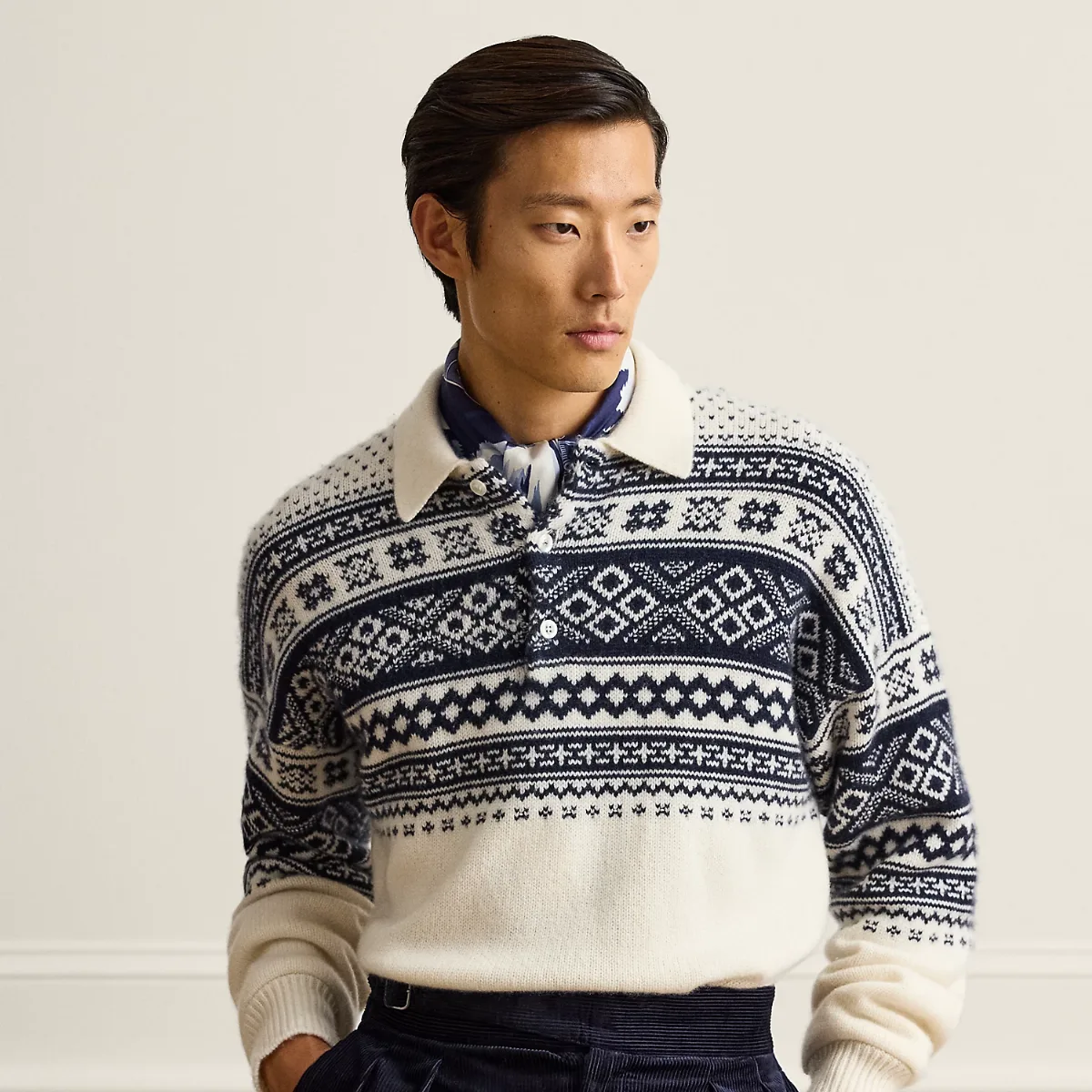 Patterned Cashmere Polo-Collar Sweater by Ralph Lauren