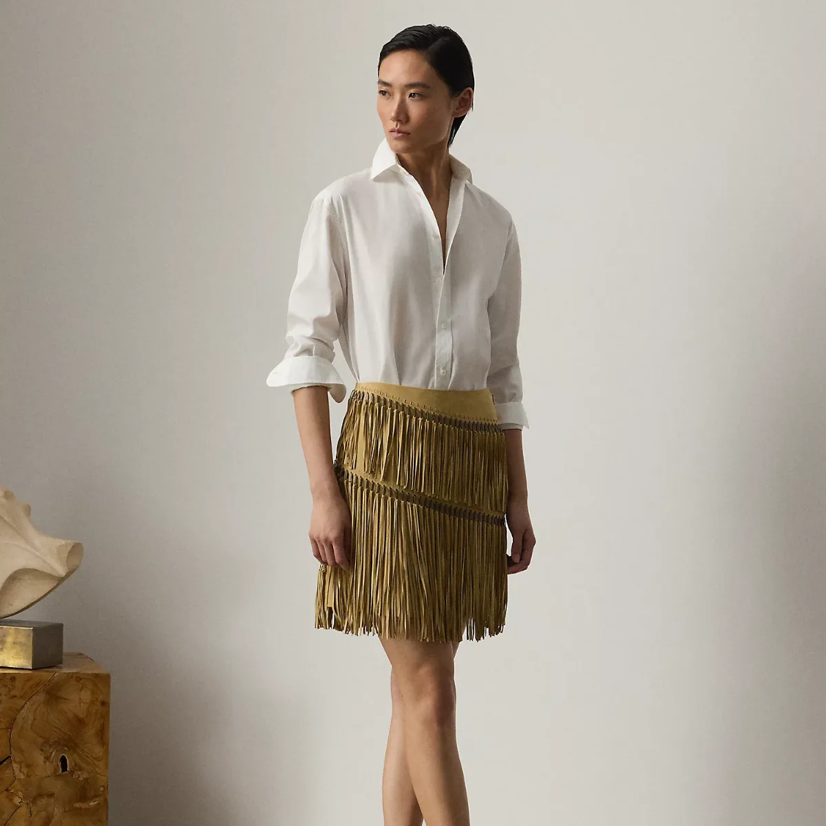 Brielle Fringe-Trim Lamb-Suede Skirt by Ralph Lauren