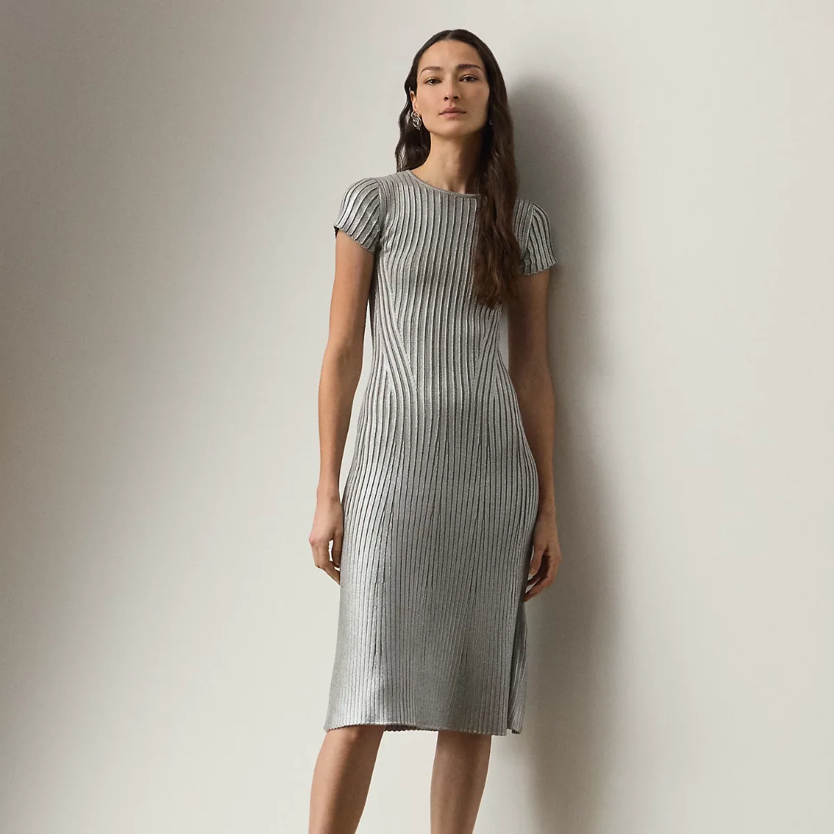 Foiled Rib-Knit Sweater Day Dress by Ralph Lauren