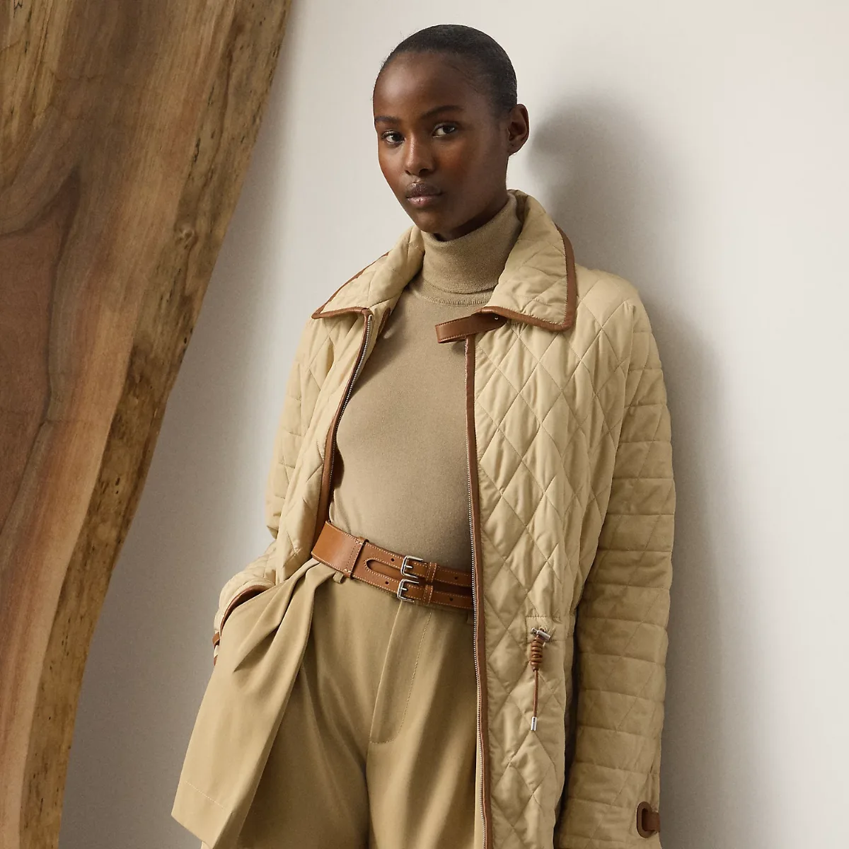Saundra Lambskin-Trim Quilted Coat by Ralph Lauren