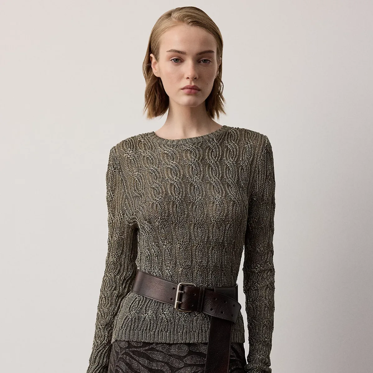 Metallic Cable-Knit Crewneck Sweater by Ralph Lauren