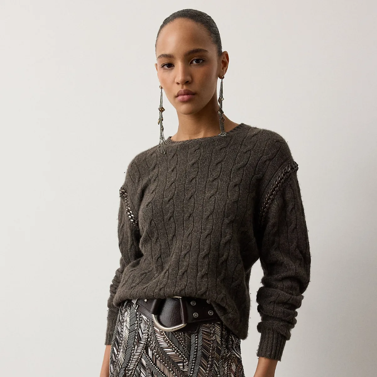 Chain-Trim Cable Cashmere Sweater by Ralph Lauren