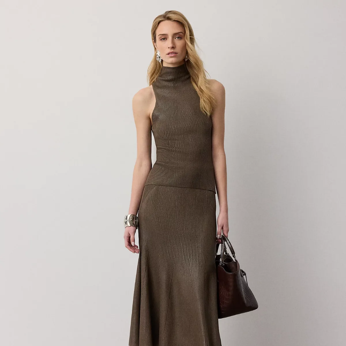 Adrianna Foiled Rib-Knit Sweater Skirt by Ralph Lauren