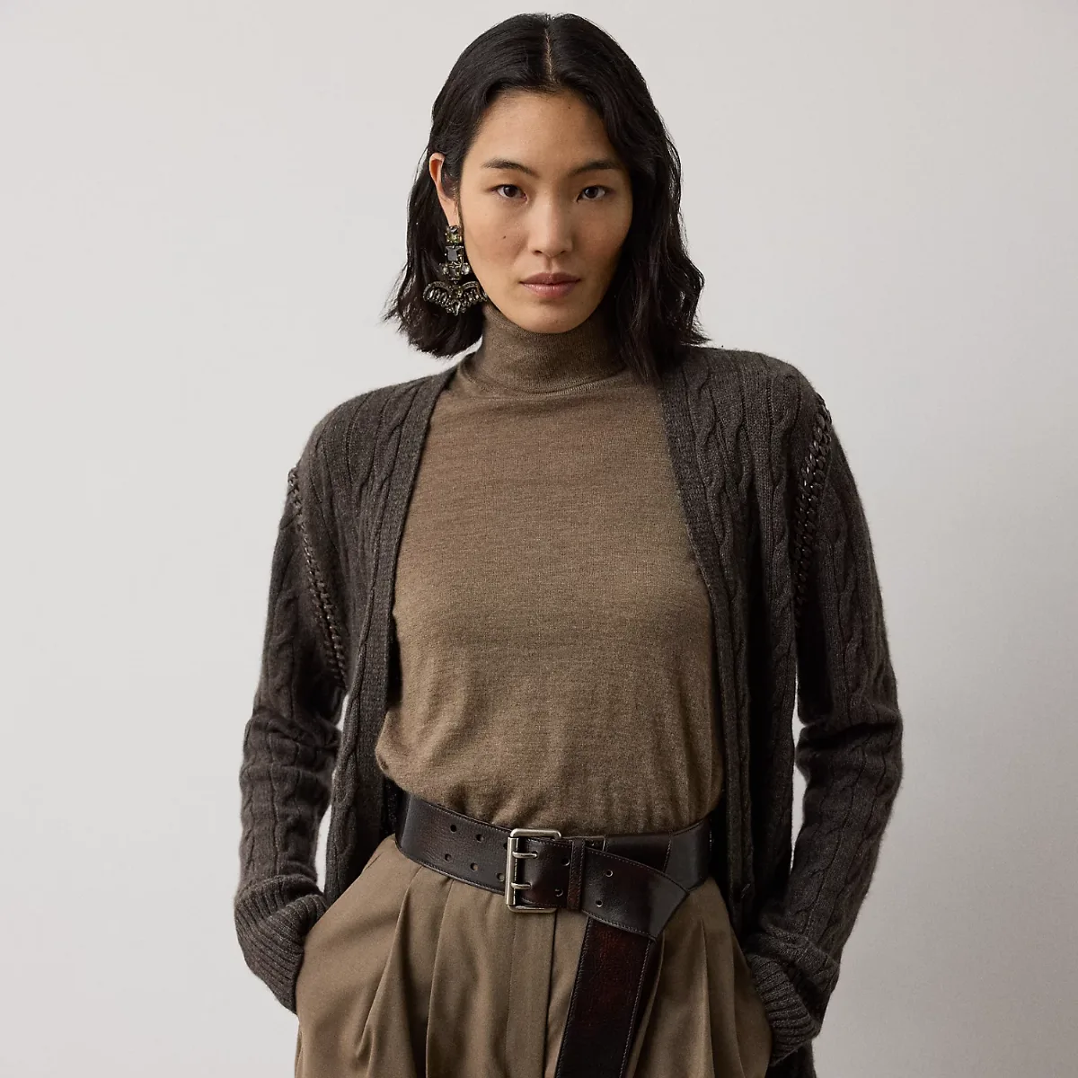Chain-Trim Cable Cashmere Cardigan by Ralph Lauren