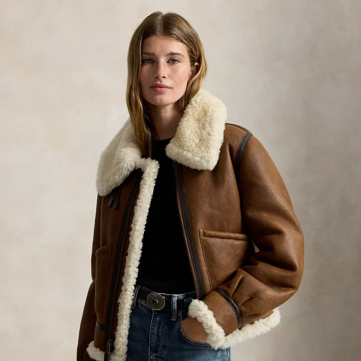Leather-Trim Shearling Aviator Jacket by Ralph Lauren