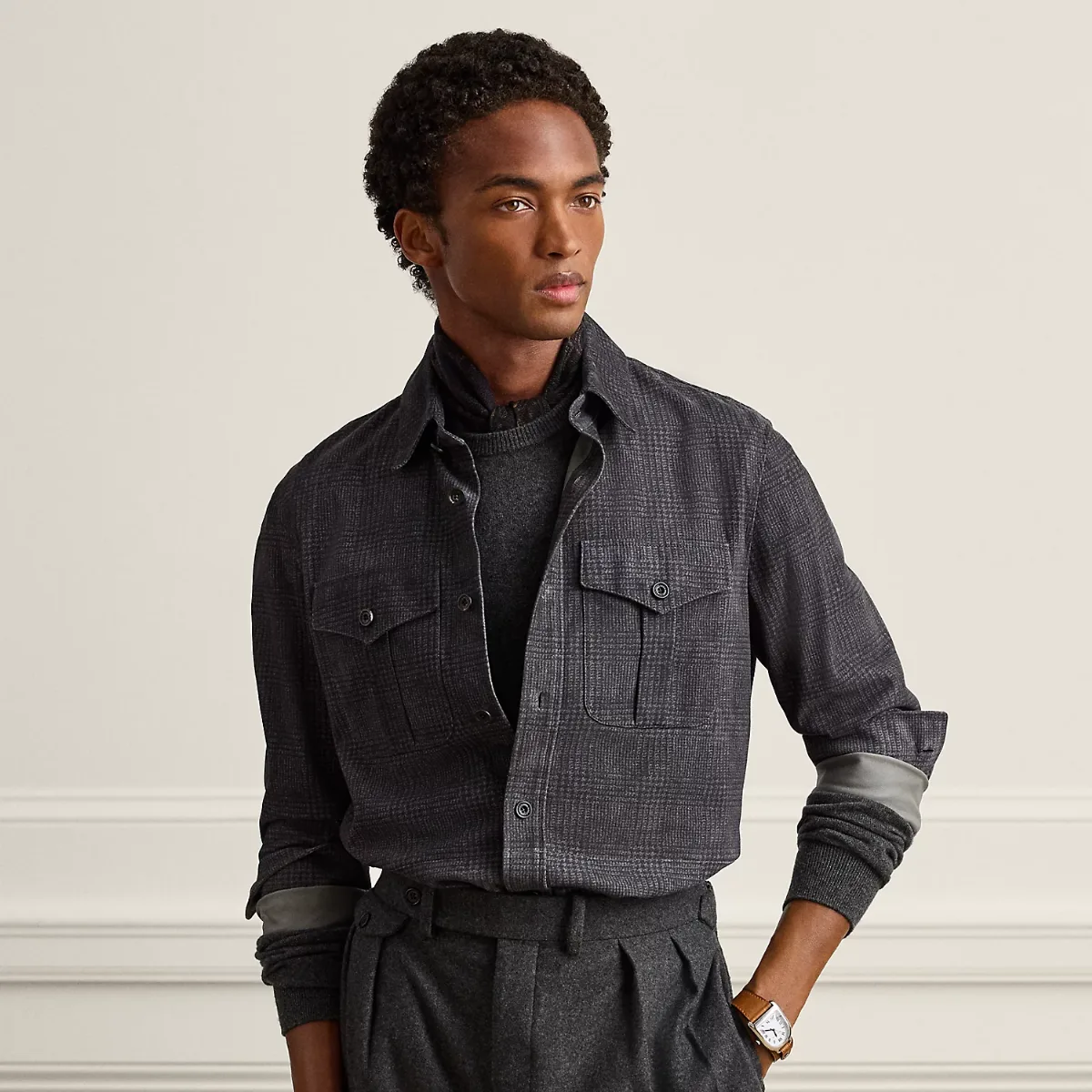 Plaid-Print Suede Overshirt