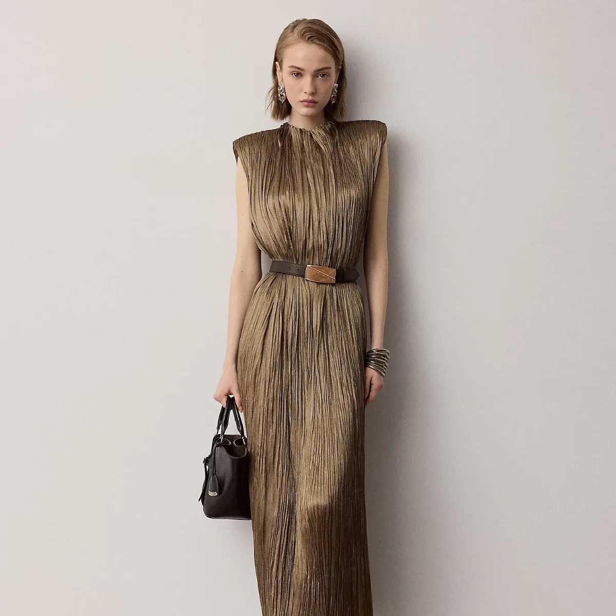 Virna Pleated Lamé Cocktail Dress by Ralph Lauren