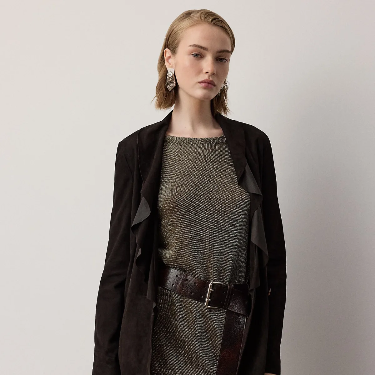 Heddie Ruffle-Trim Lamb-Suede Jacket by Ralph Lauren