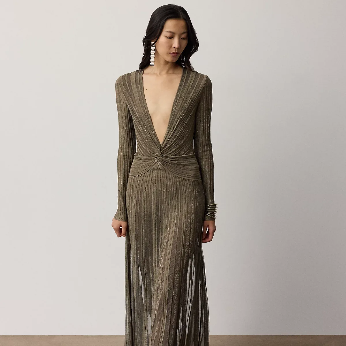 Dabney Pleated Metallic Evening Dress by Ralph Lauren