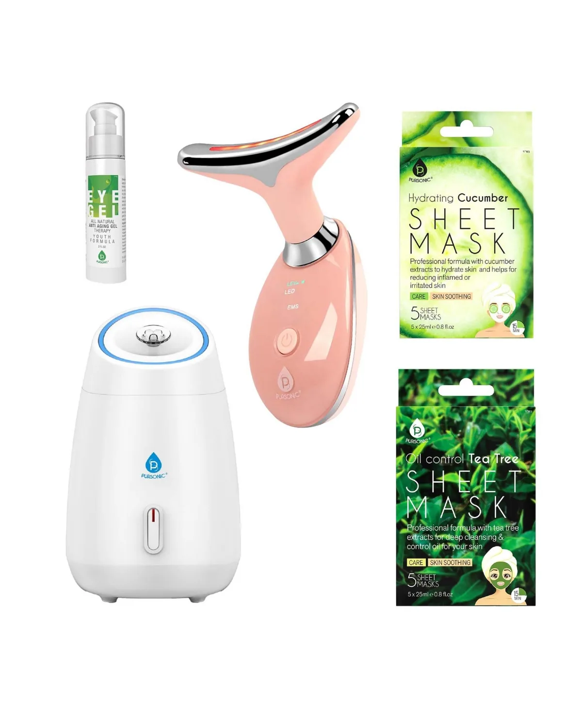 Ultimate Glow & Rejuvenation Bundle: 7-In-1 Led Therapy, Facial Steamer, Anti-Aging Eye Gel, and Sheet Masks by Pursonic