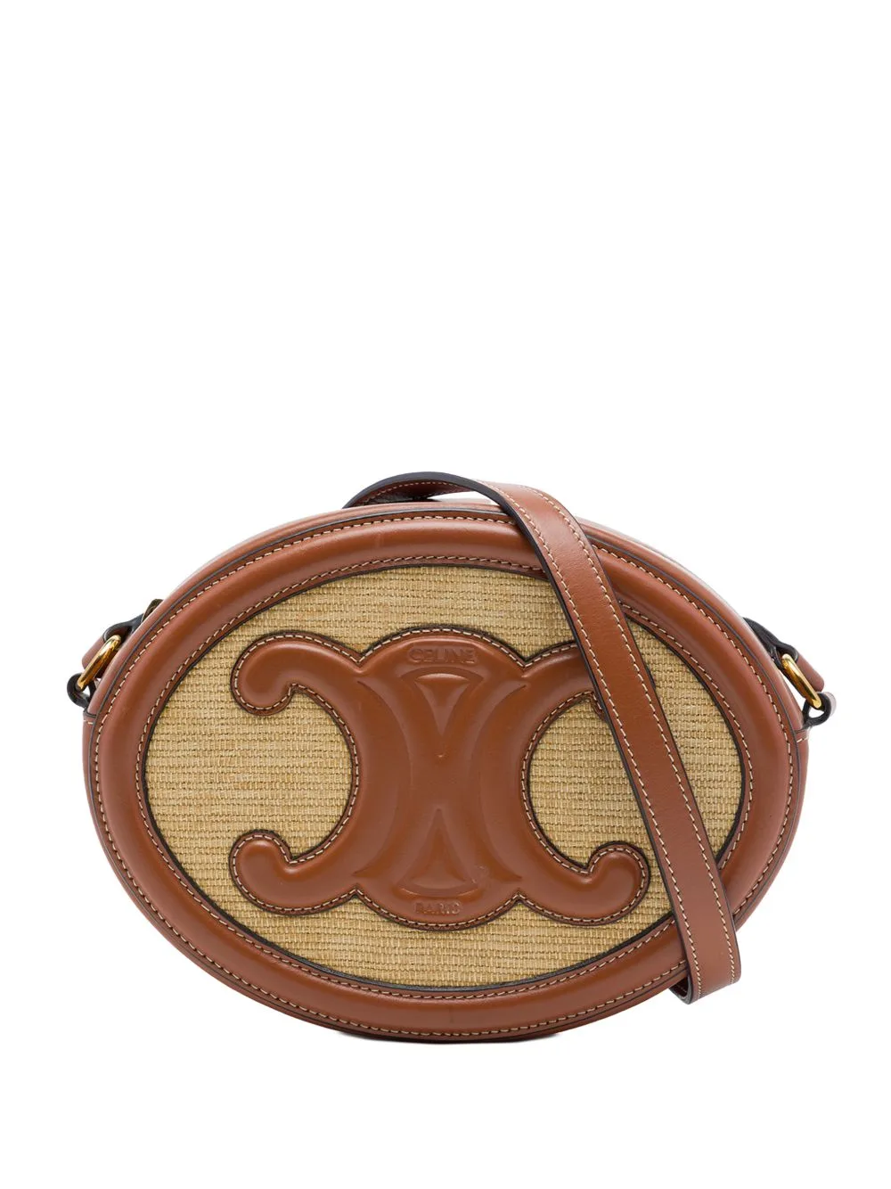 2021 Straw Effect Canvas Cuir Triomphe Oval Crossbody Bag by Celine Pre-Owned