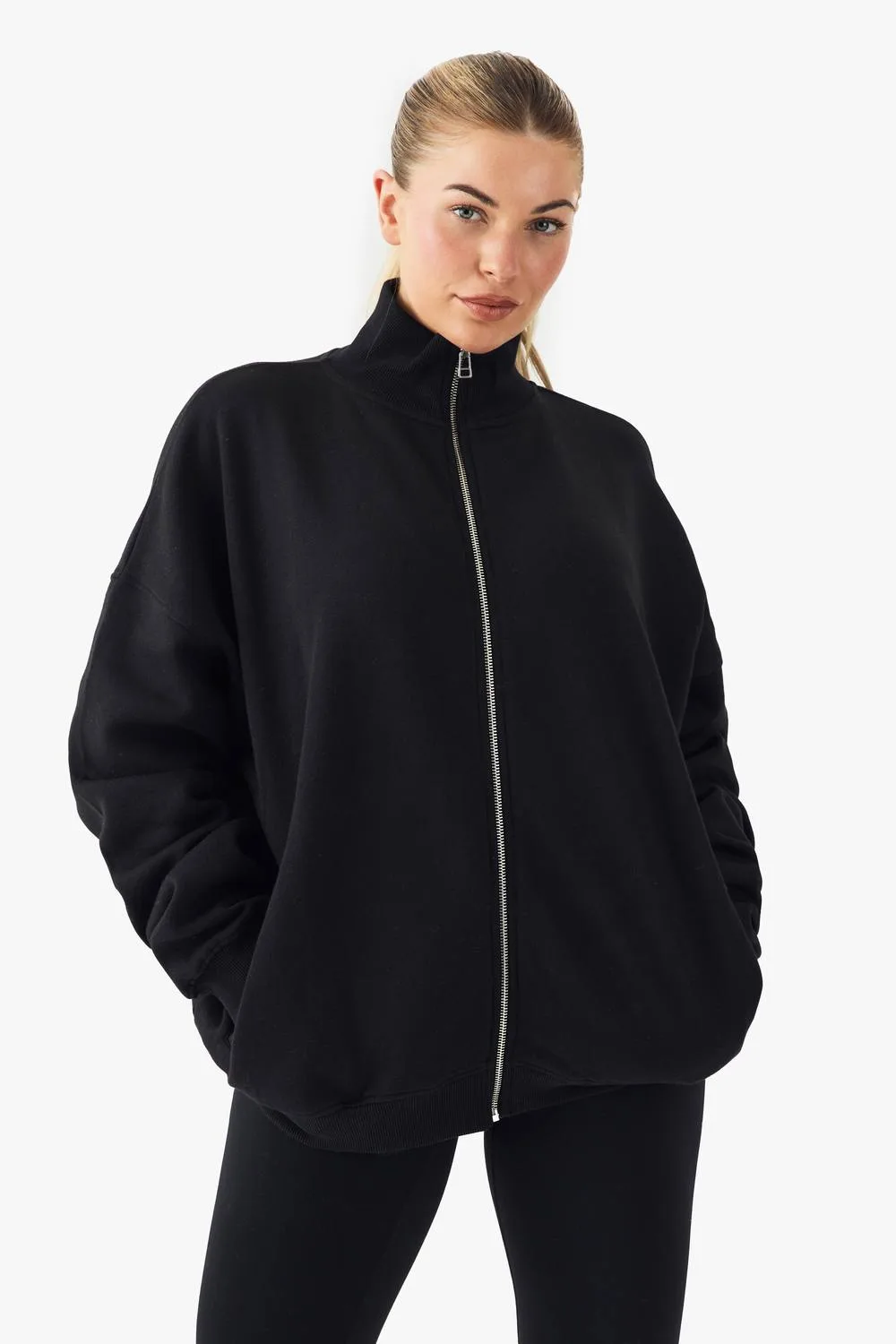 Funnel Neck Zip Through Oversized Bomber Sweatshirt by boohoo
