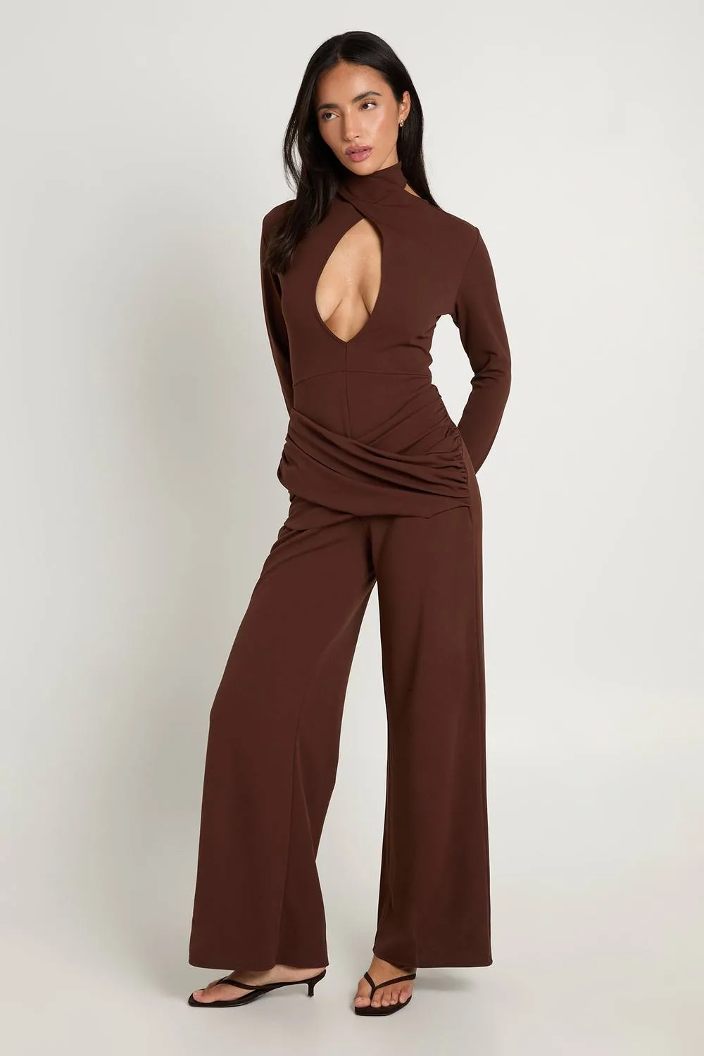 Jersey Crepe Wrap Front Long Sleeve Jumpsuit by boohoo