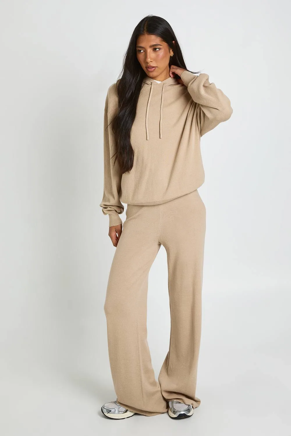 Hooded Top & Wide Leg Trouser Knitted Co-Ord - Stone