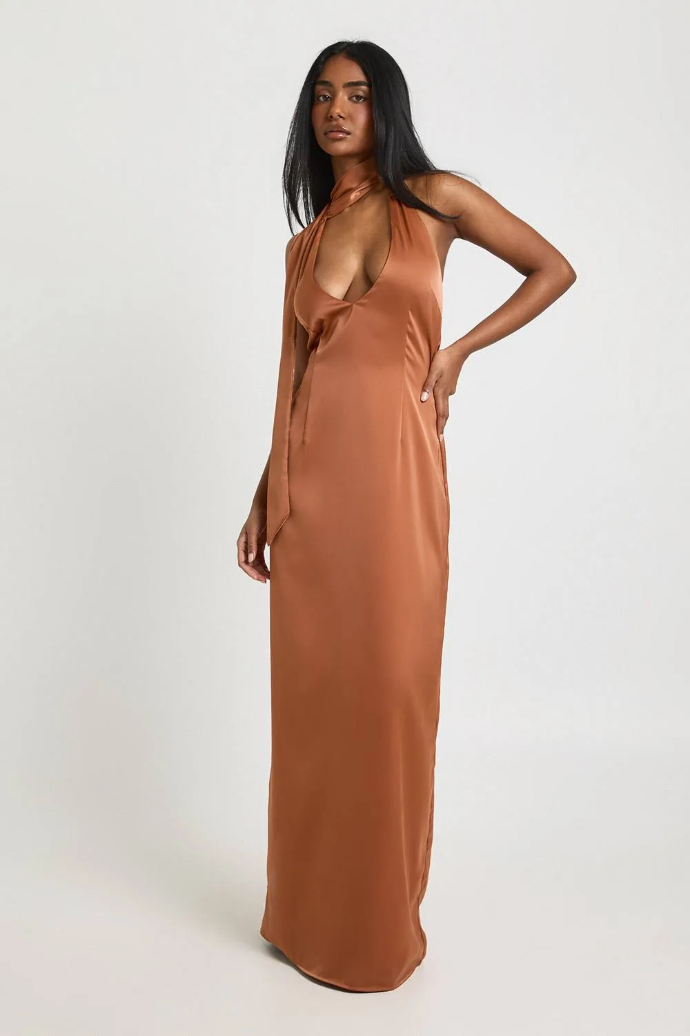 Satin Plunge Maxi Dress with Neck Tie