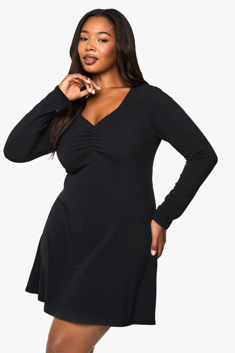 Rib Ruched Detail Mini Skater Dress by boohoo