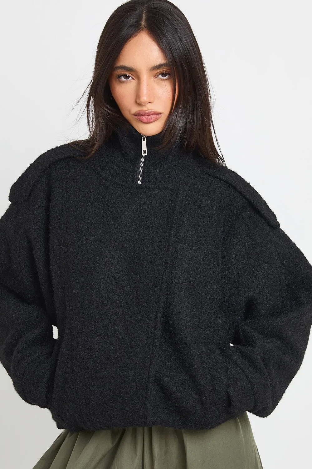 Textured Asymmetric Wool Look Jacket by boohoo