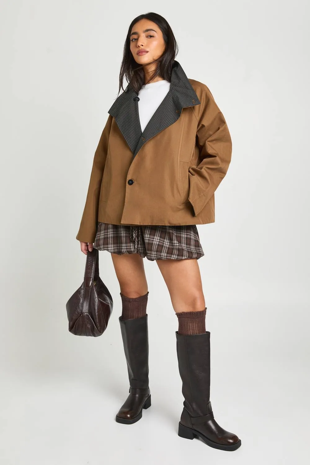 Reversible Check Trench Coat by boohoo