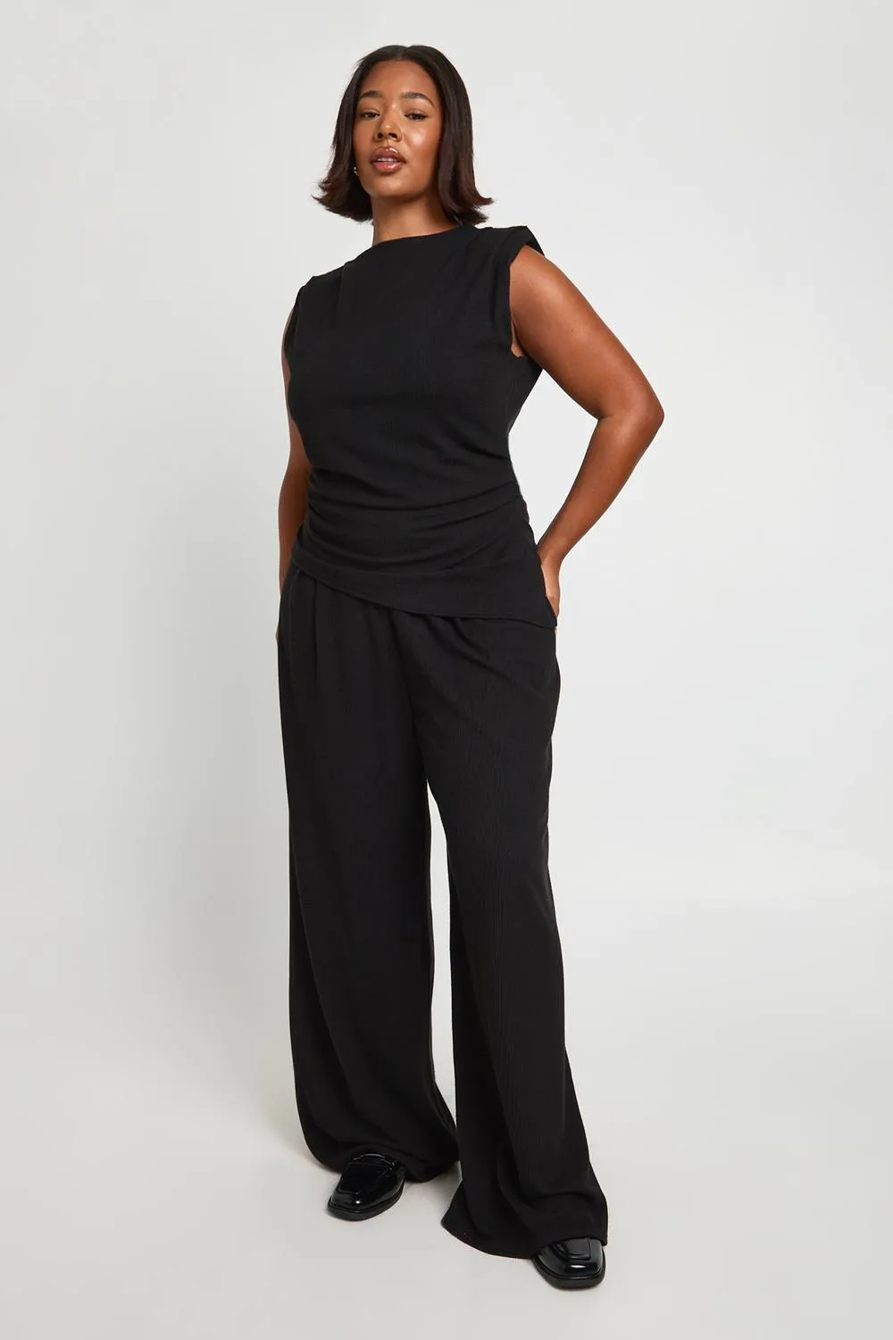 Shoulder Pad Pleated Detail Asym Hem Top & Wide Leg Trousers by boohoo