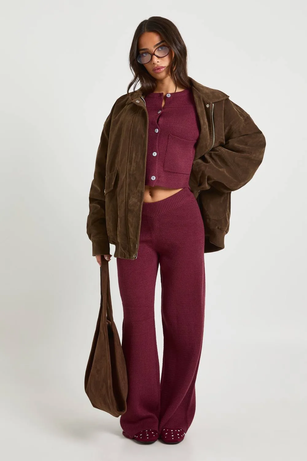 Pocket Detail Crew Neck Knitted Cardigan & Wide Leg Trouser