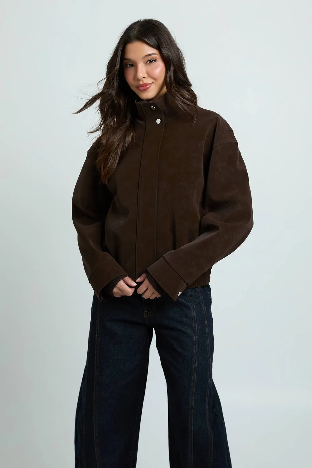Textured Faux Leather Funnel Neck Bomber Jacket by boohoo