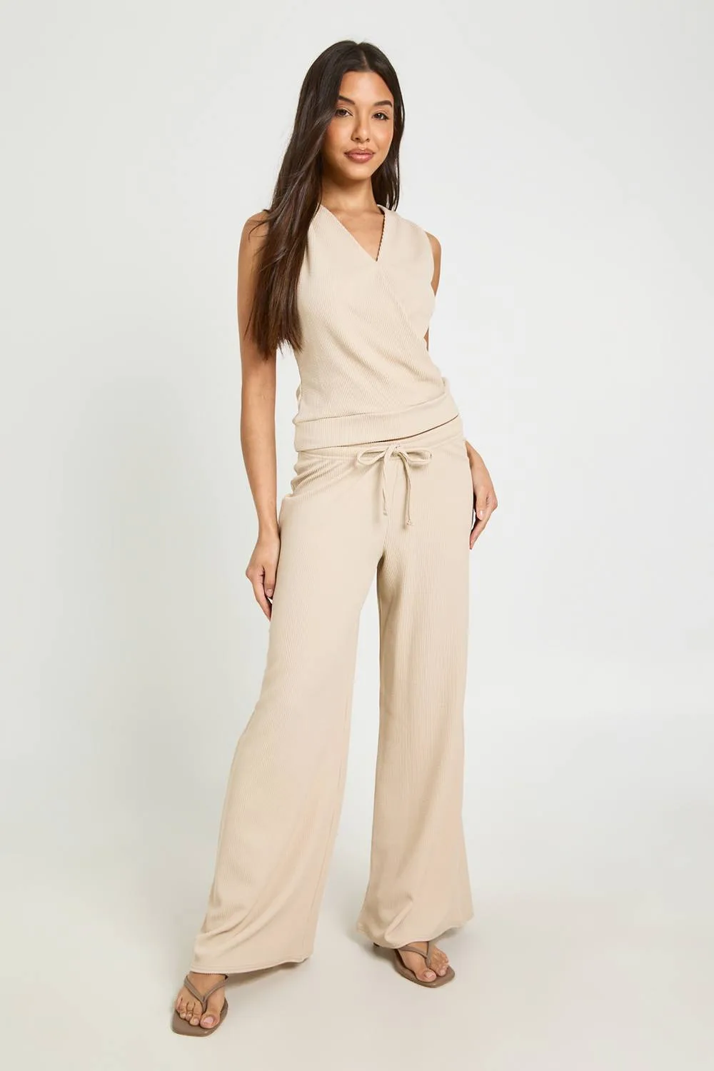 V Neck Wrap Over Deep Hem Top & Wide Leg Trouser Coord - Stone by boohoo