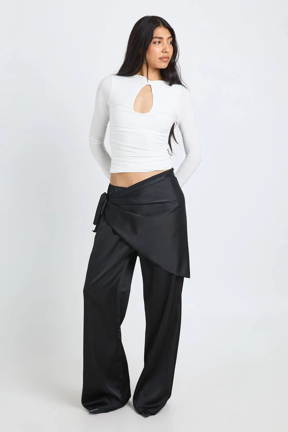 Satin Tie Waist Wide Leg Trouser by boohoo