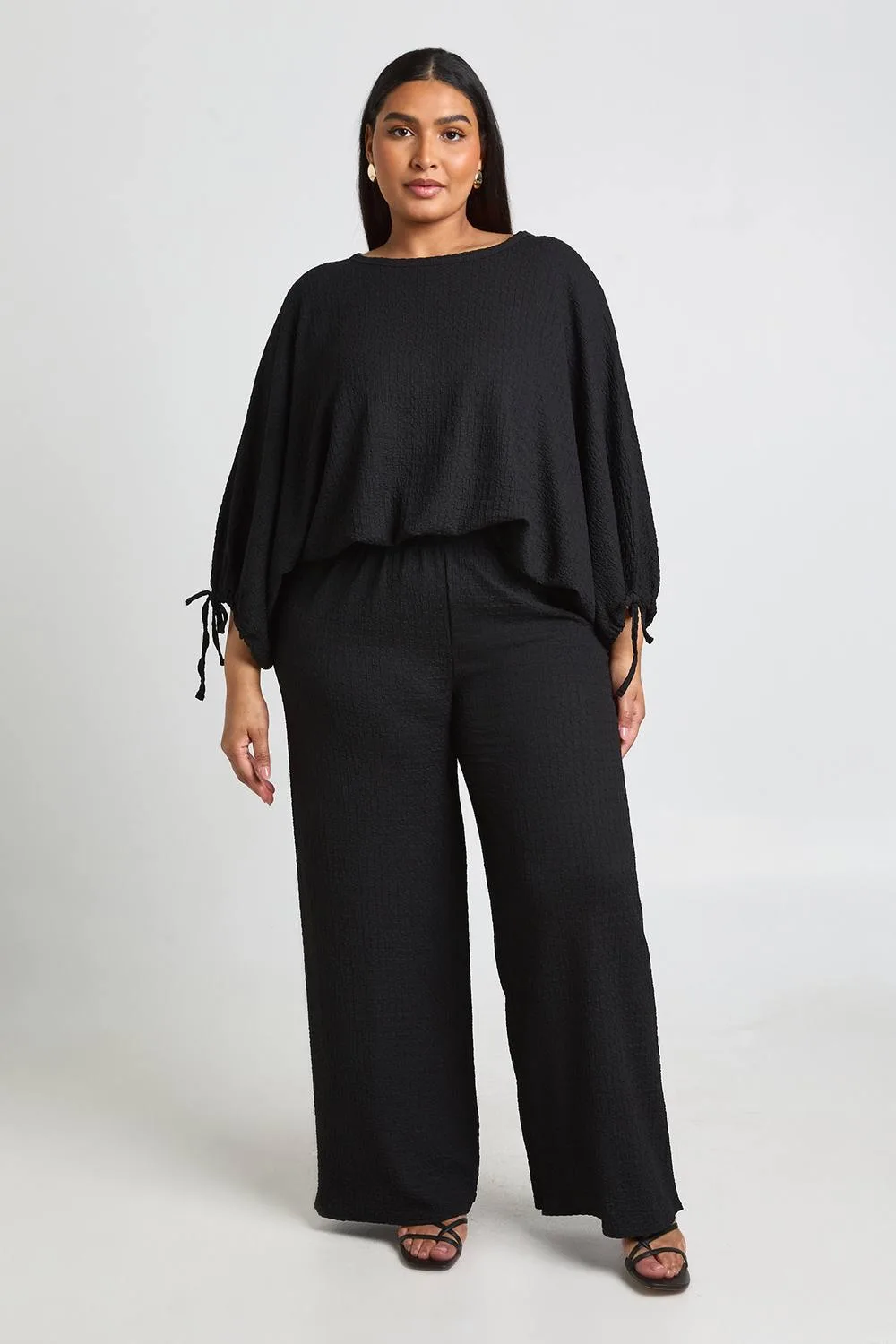 Textured Ruched Sleeve Balloon Hem Top & Wide Leg Trouser by boohoo