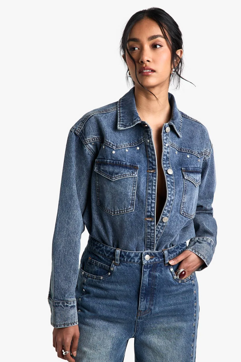 Studded Western Denim Shirt by boohoo