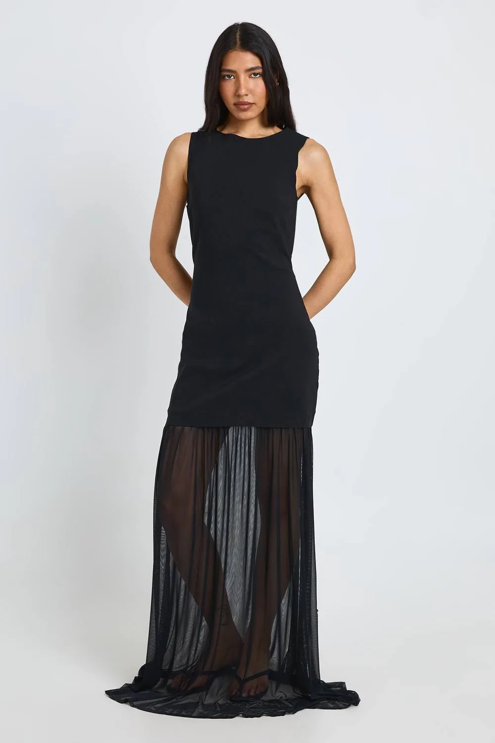 Sheer Hem Sleeveless Maxi Dress