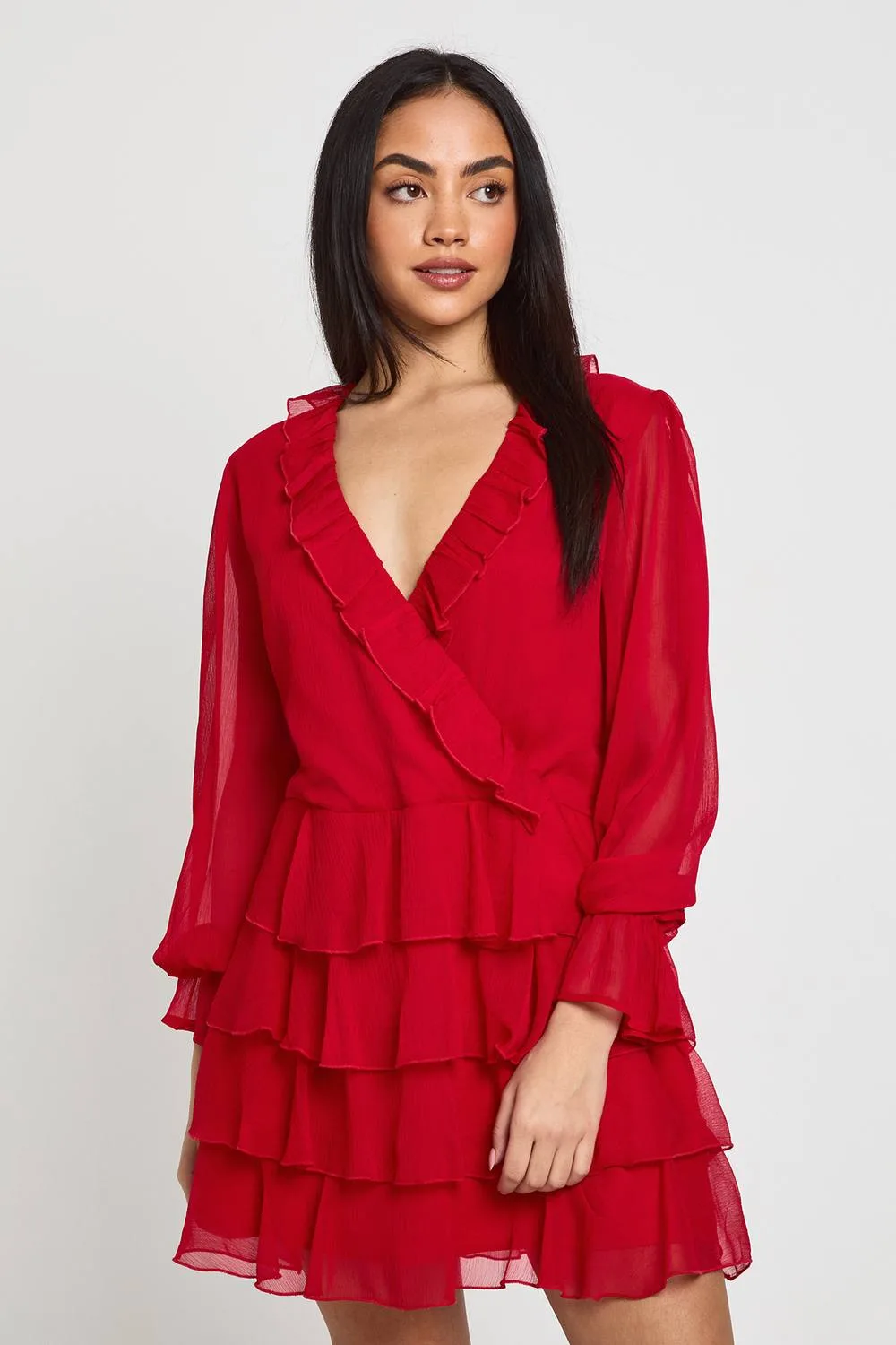 Chiffon Ruffle Detail Mini Dress