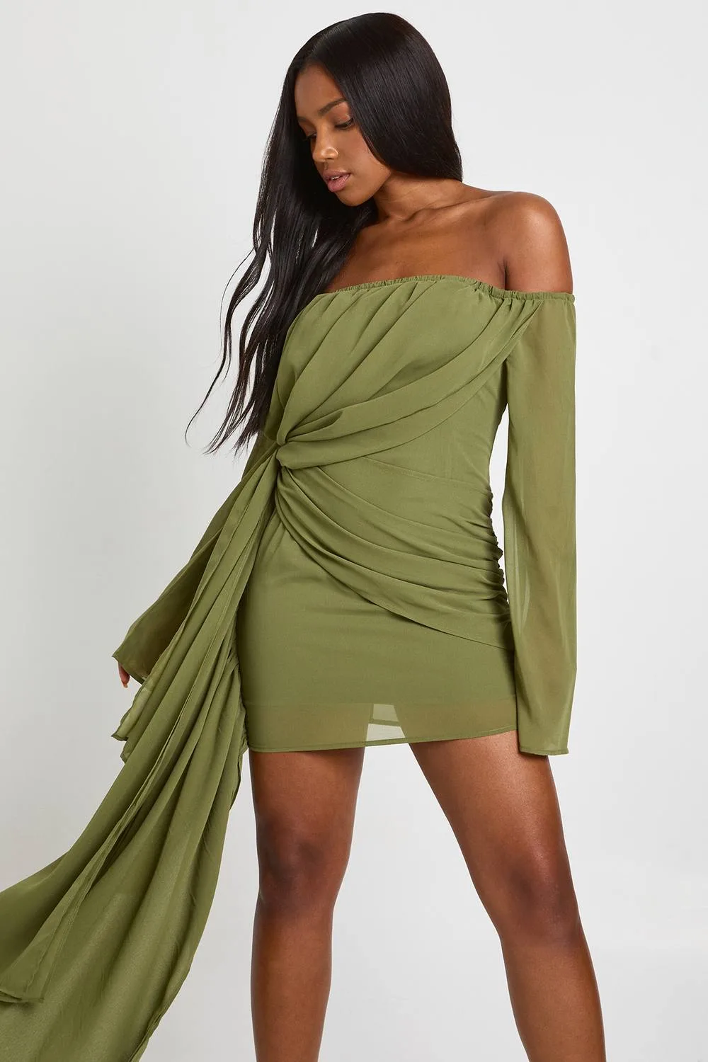 Chiffon Bardot Ruched Mini Dress by boohoo