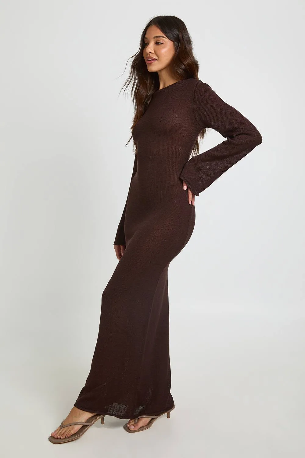 Slash Neck Long Sleeve Knitted Maxi Dress