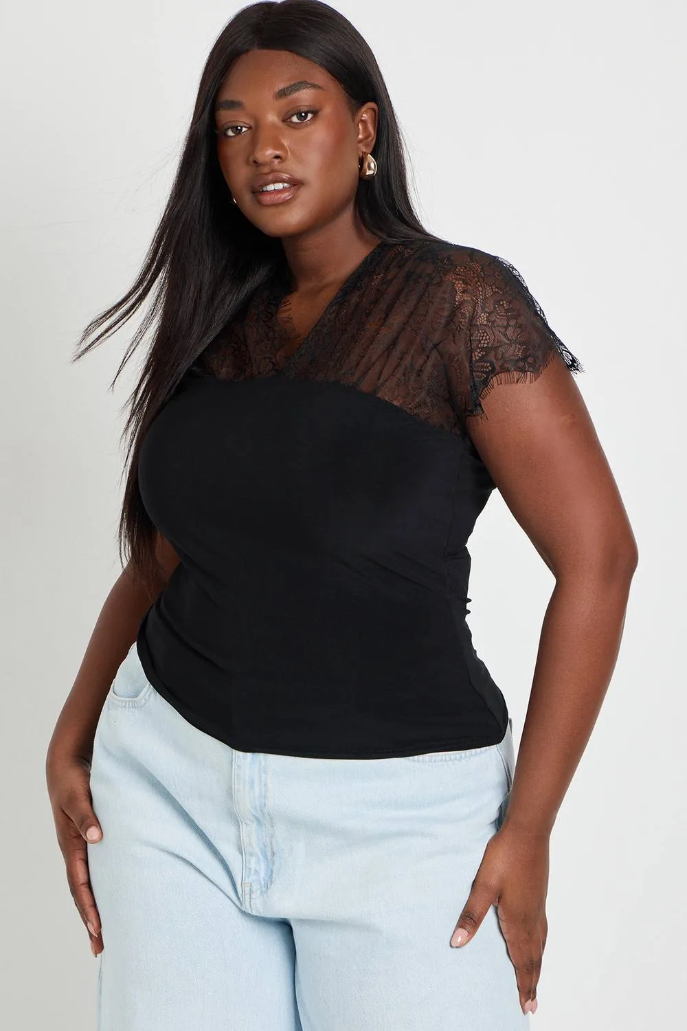 Lace Insert V Neck Top by boohoo