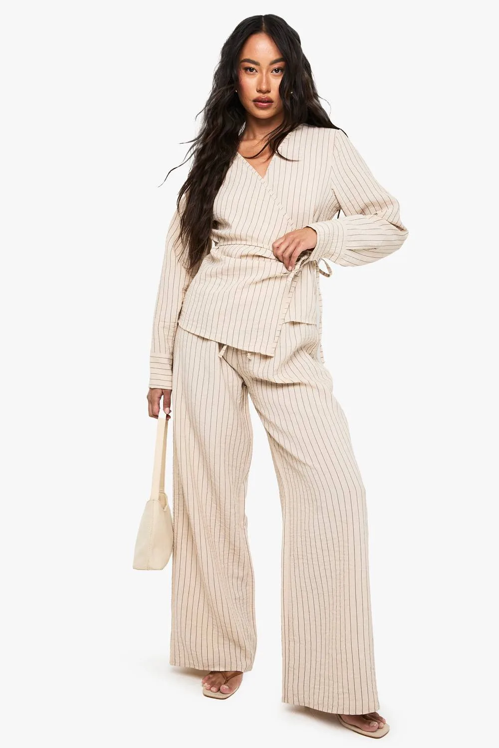 Woven Striped Elastic Waist Wide Leg Trousers by boohoo