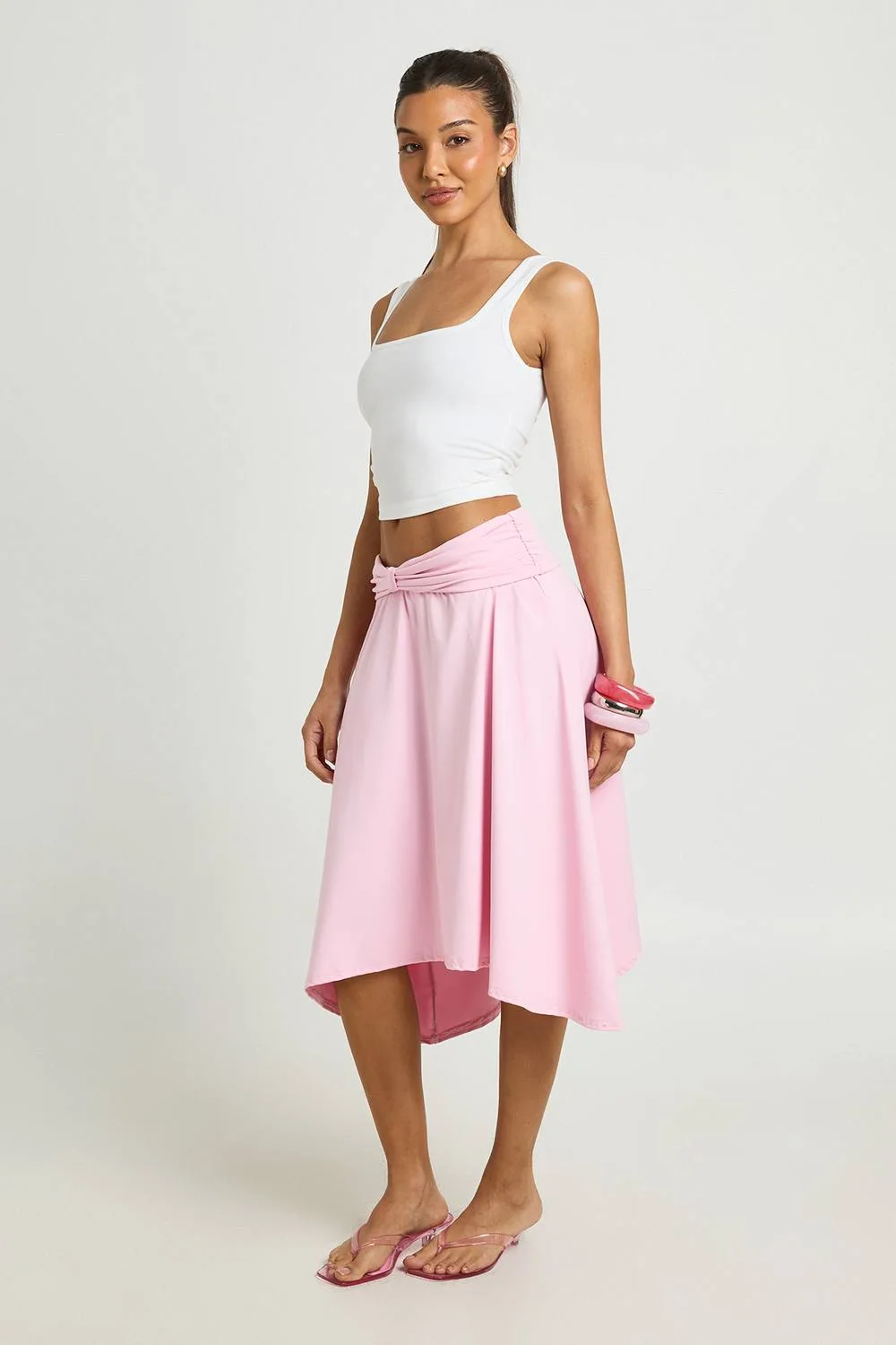 Pleated Waist Detail Hanky Hem Midi Skirt