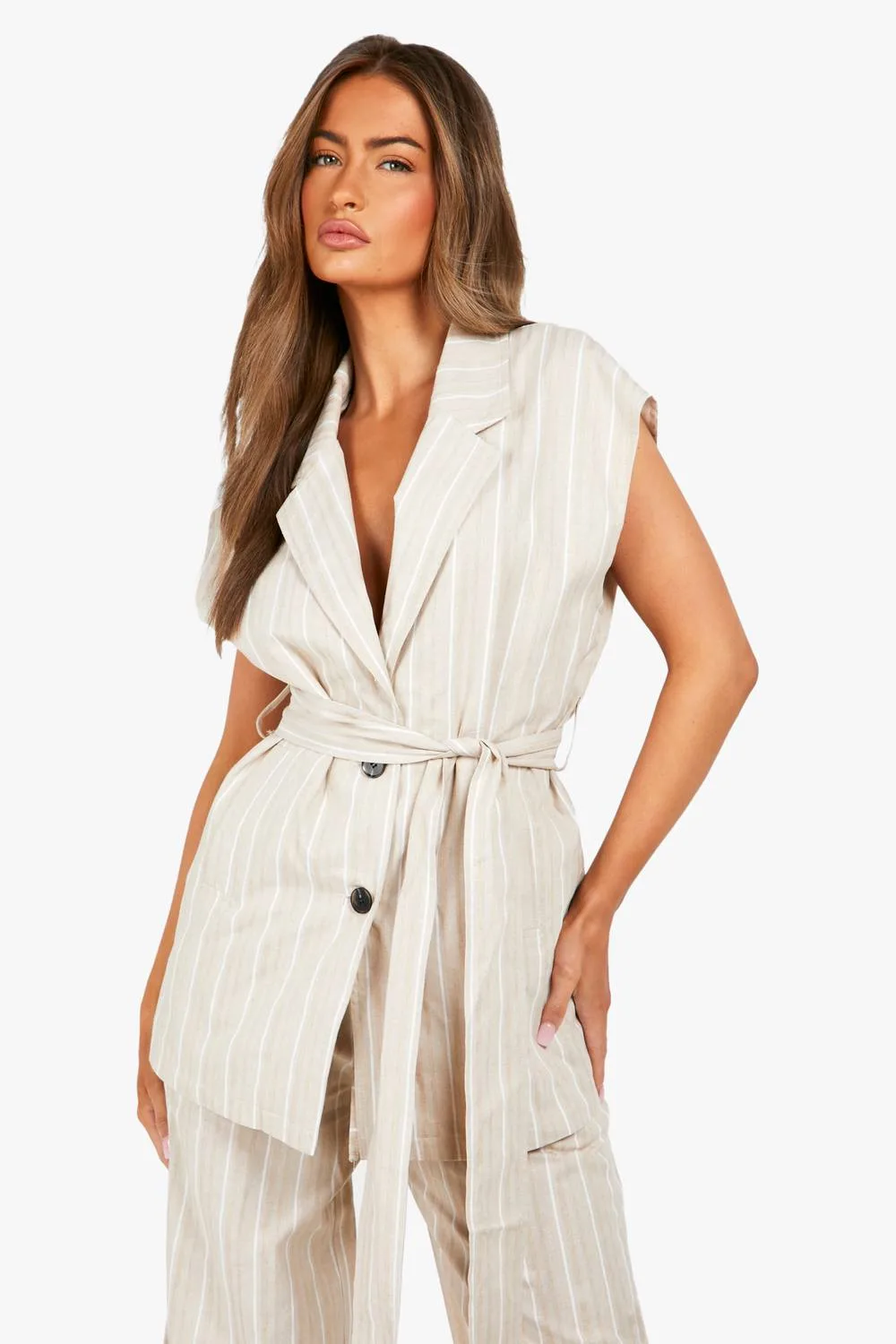 Linen Look Tie Detail Waistcoat by boohoo
