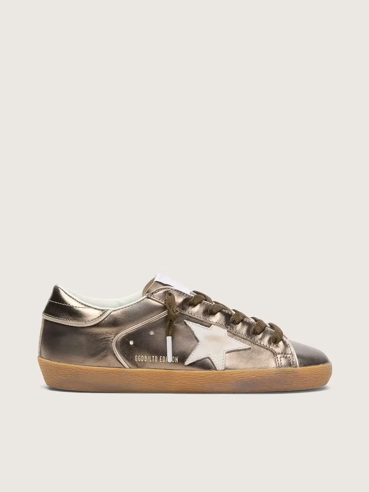 Super-Star Ltd in Olive-Green Laminated Leather with White Star by Golden Goose