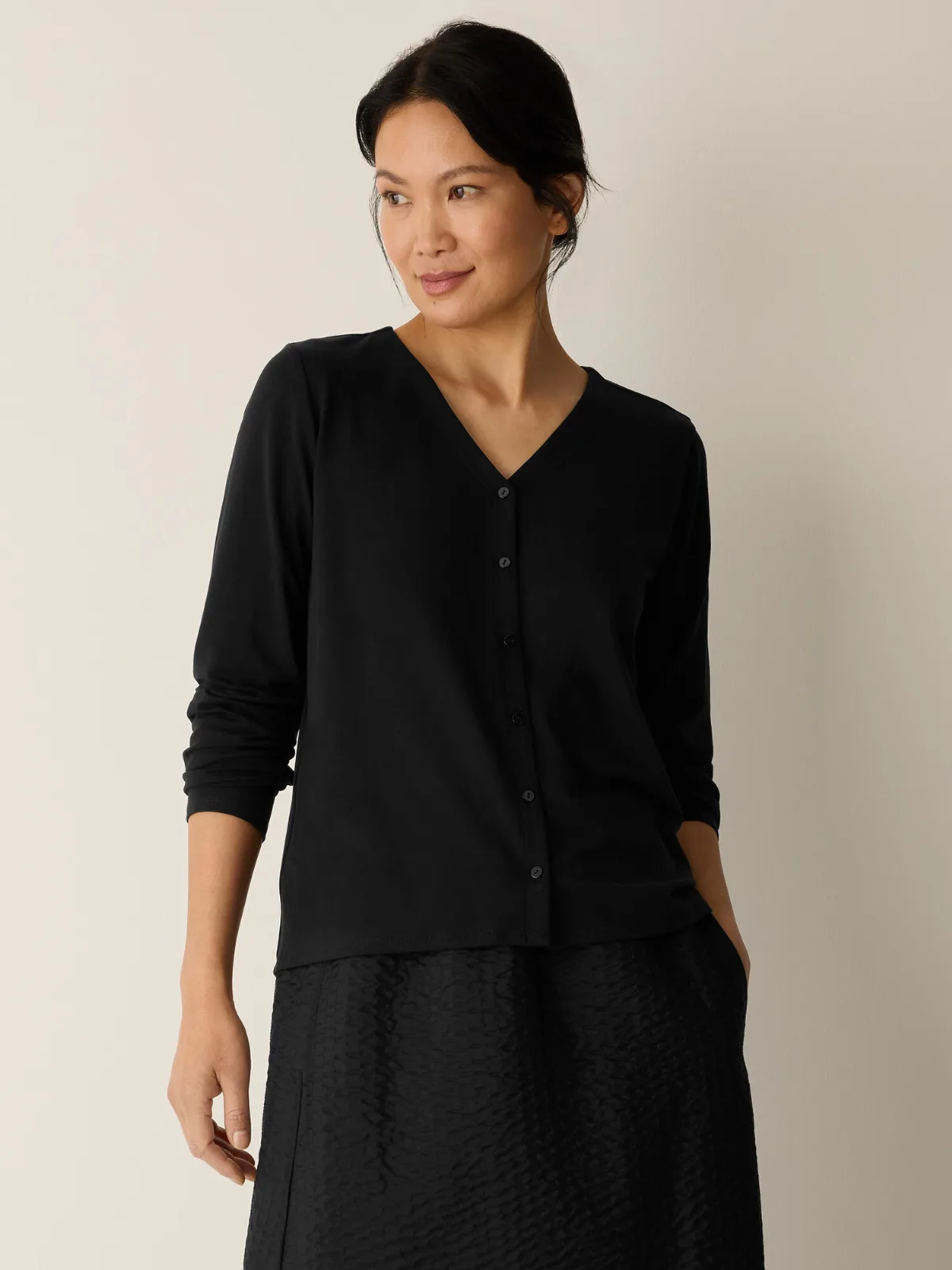 Stretch Jersey Knit Button-Front Top by EILEEN FISHER