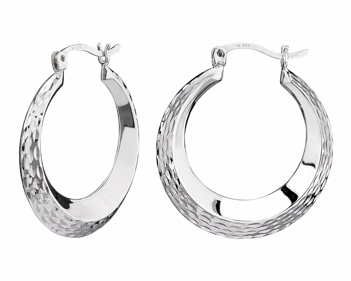 Rhodium Plated Diamond Cut Wide Creole Hoop Earrings