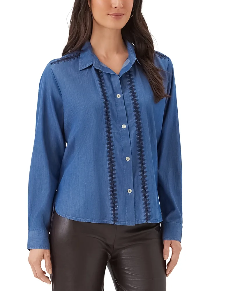 Crochet Trim Button Up Shirt - Denim by Karen Kane