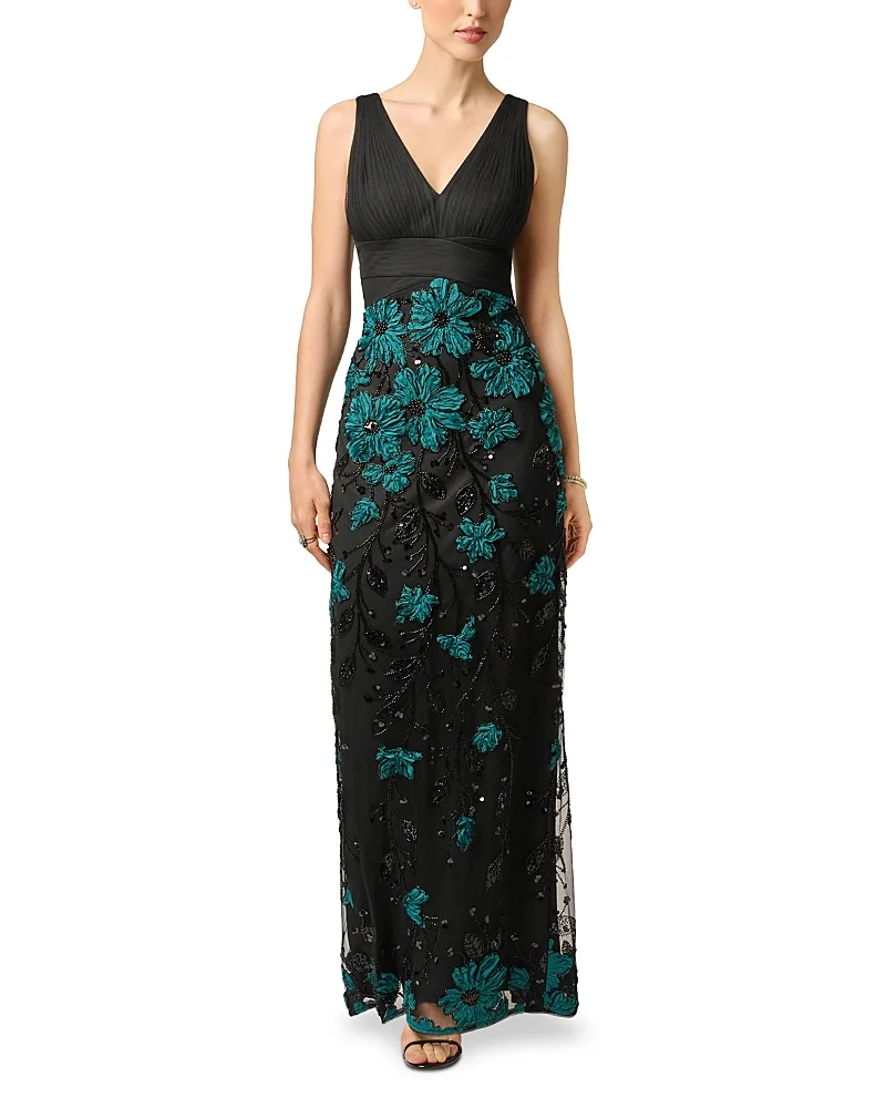 3D Embroidered Pleated Bodice Dress by Aidan Mattox